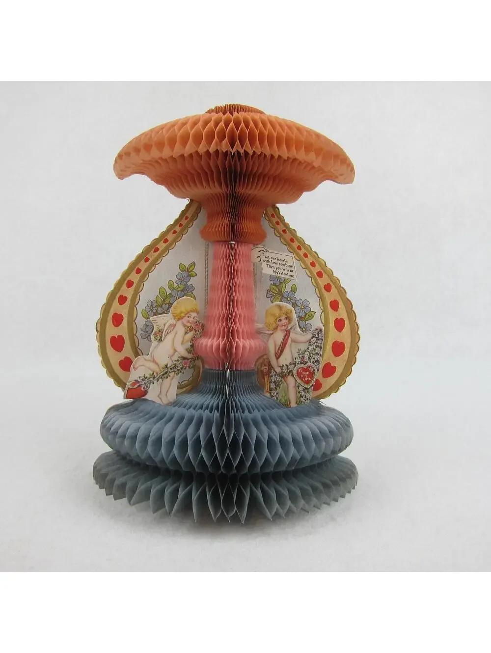 Antique Valentine Honeycomb 3D Pop Up Blonde Cupid Angels Hearts LARGE UNSIGNED